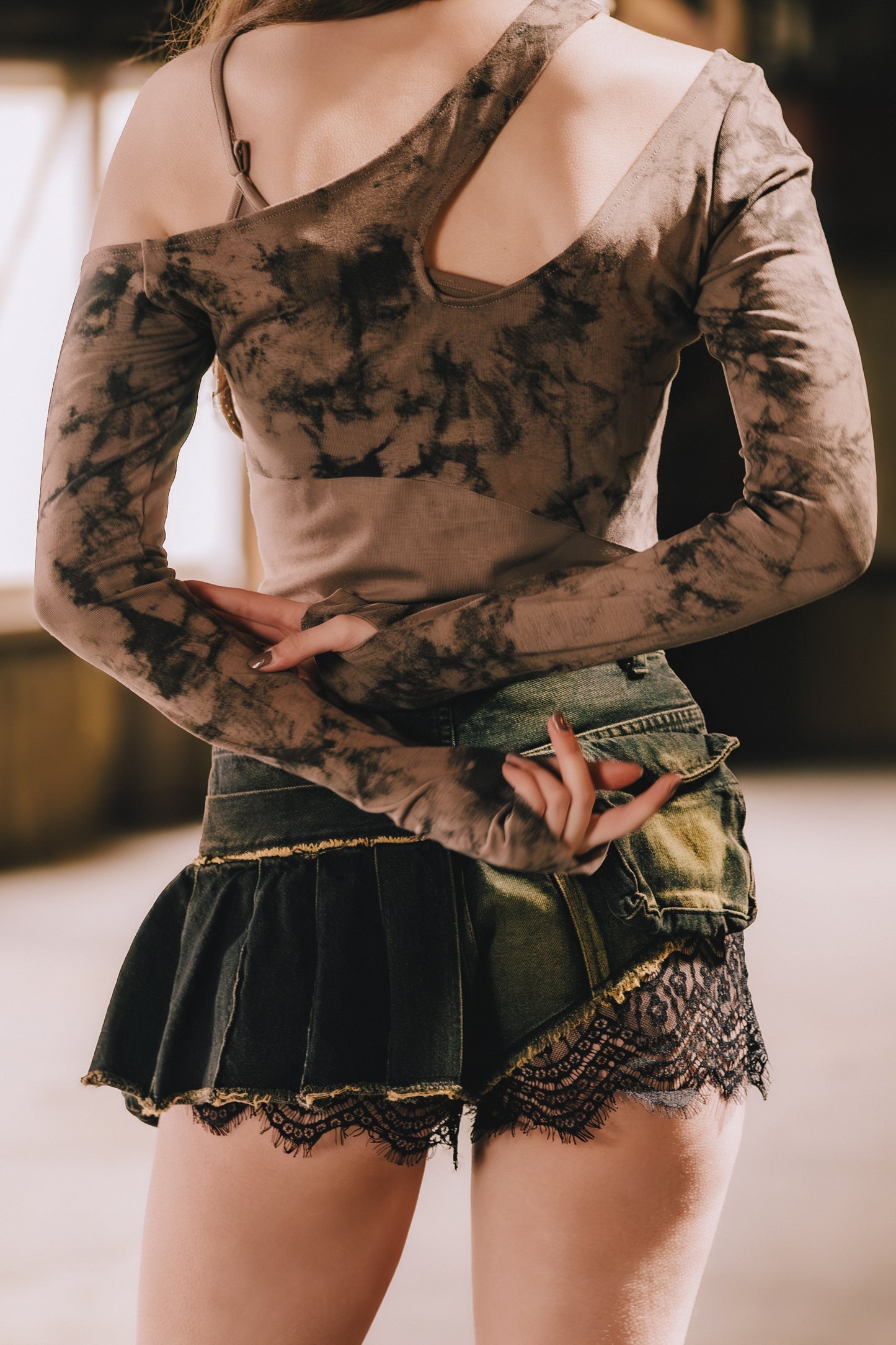 DENIM LACE COMBI SHORTPANTS / BLK