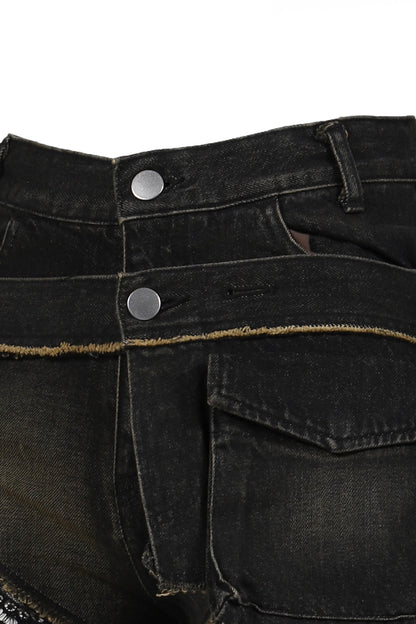 DENIM LACE COMBI SHORTPANTS / BLK