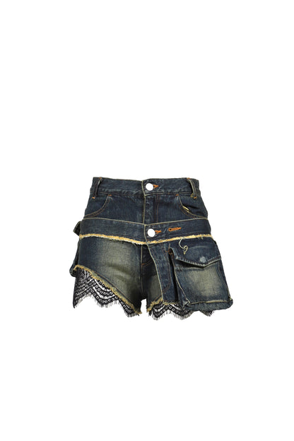 DENIM LACE COMBI SHORTPANTS / BLU