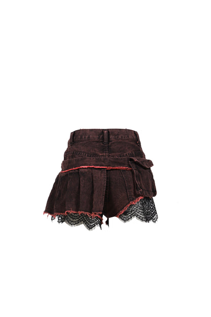 DENIM LACE COMBI SHORTPANTS / PNK