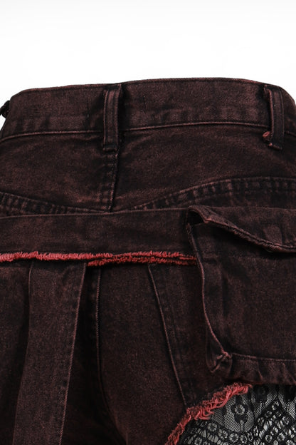 DENIM LACE COMBI SHORTPANTS / PNK