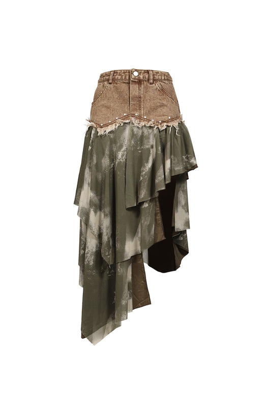 DENIM TIERED SKIRT / KHA