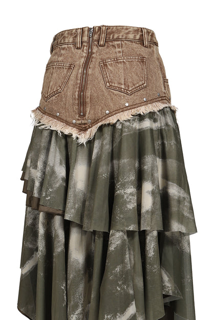 DENIM TIERED SKIRT / KHA