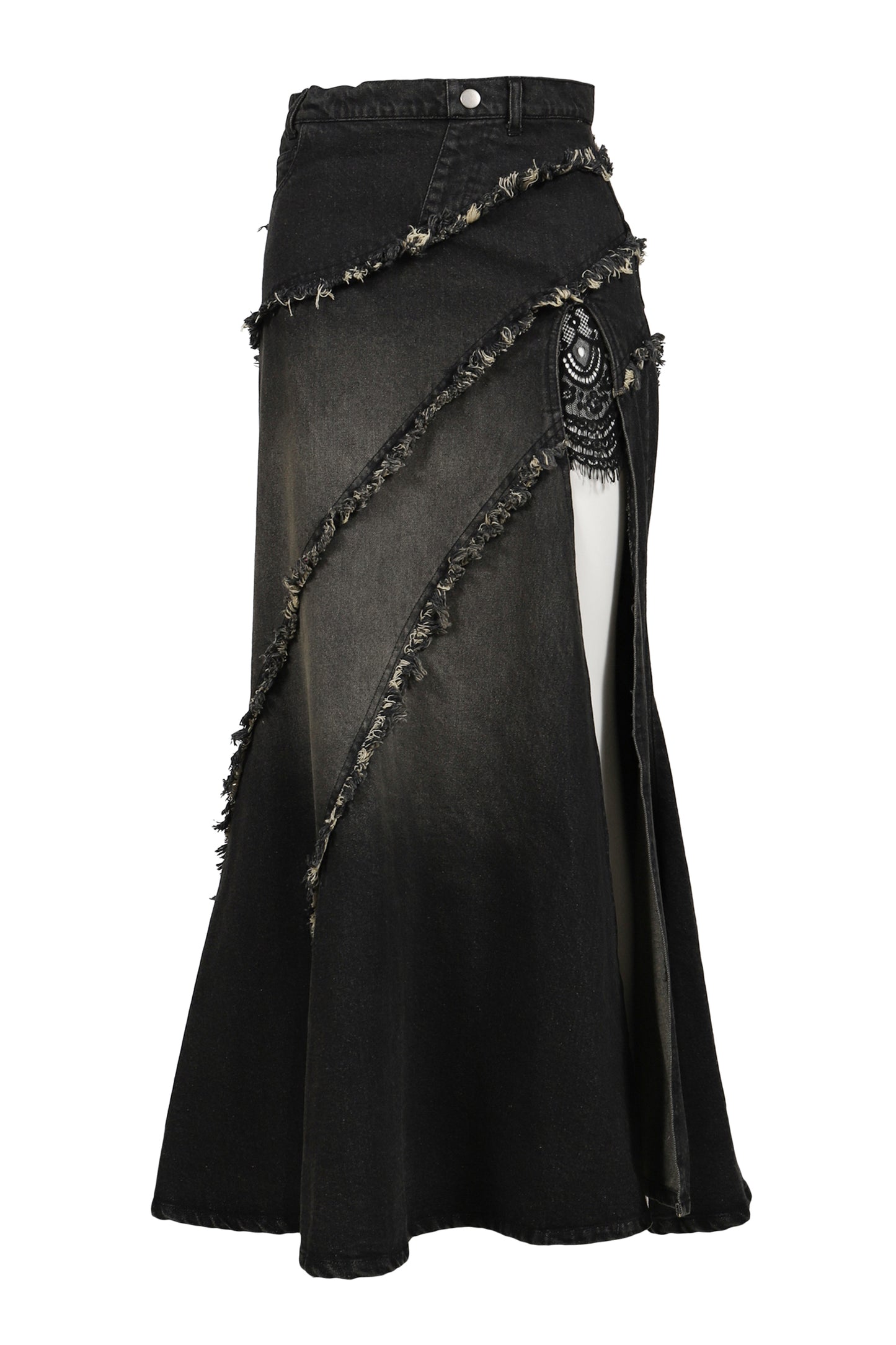 TIERED LACE DENIM SKIRT / BLK