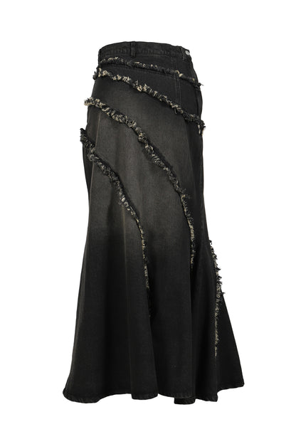 TIERED LACE DENIM SKIRT / BLK