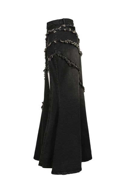 TIERED LACE DENIM SKIRT / BLK