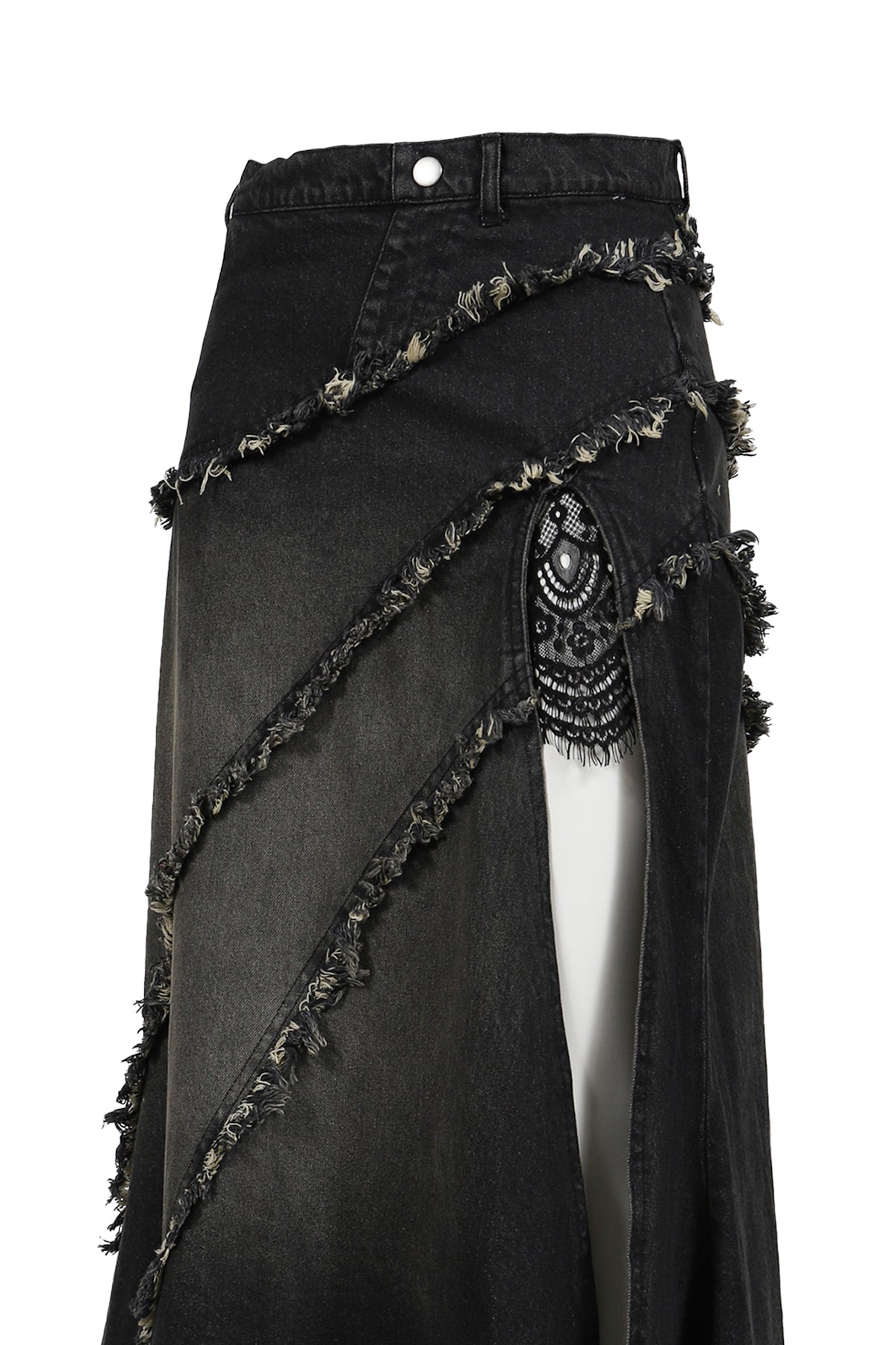 TIERED LACE DENIM SKIRT / BLK