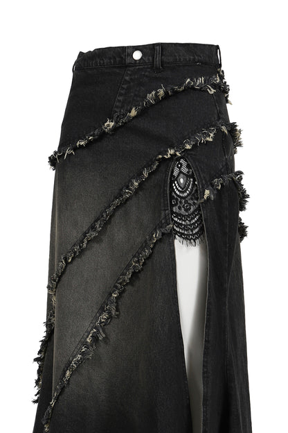 TIERED LACE DENIM SKIRT / BLK