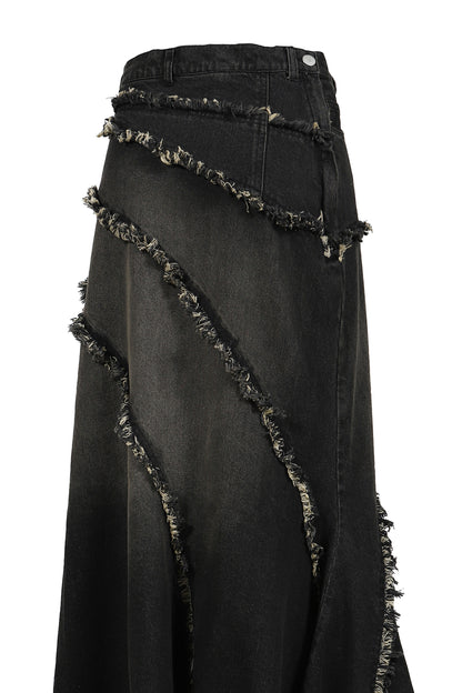 TIERED LACE DENIM SKIRT / BLK