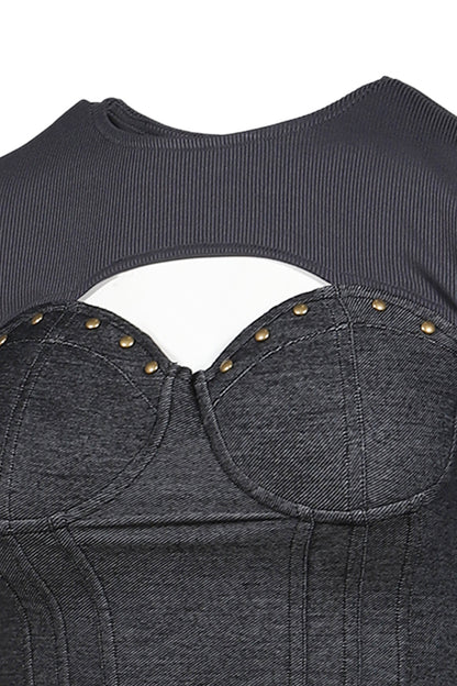 DENIM LACE COMBI T-SHIRT / BLK