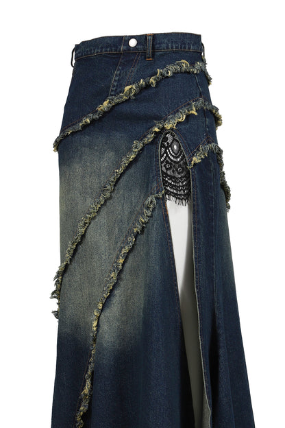TIERED LACE DENIM SKIRT / BLU