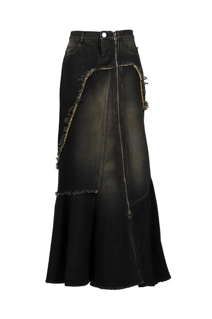DAMAGE DENIM MAXI SKIRT / BLK