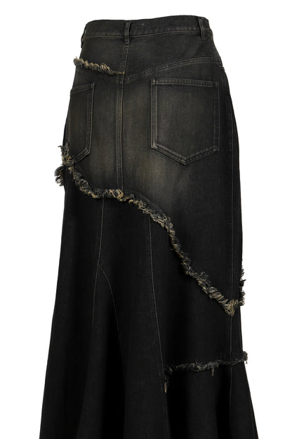 DAMAGE DENIM MAXI SKIRT / BLK