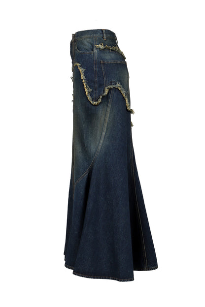 DAMAGE DENIM MAXI SKIRT / BLU