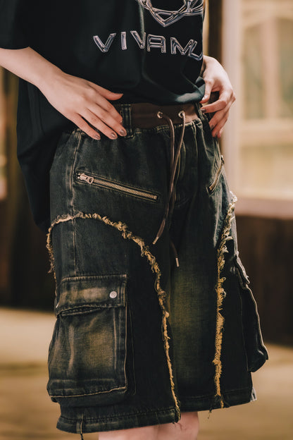 SPLIT DENIM CARGO PANTS / BLK