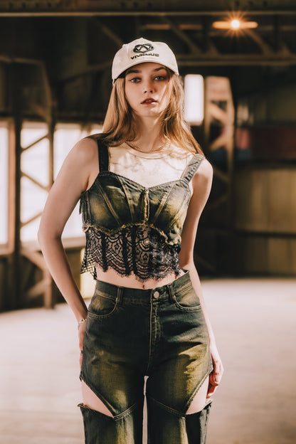 DENIM LACE COMBI BUSTIER / BLK