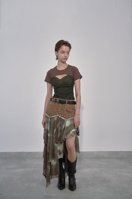 DENIM LACE COMBI T-SHIRT / GRN