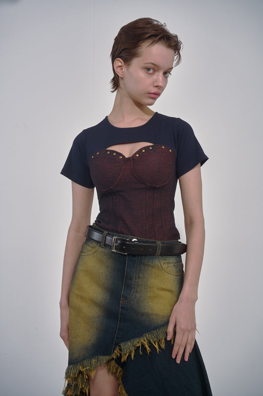 DENIM LACE COMBI T-SHIRT / ORANGE