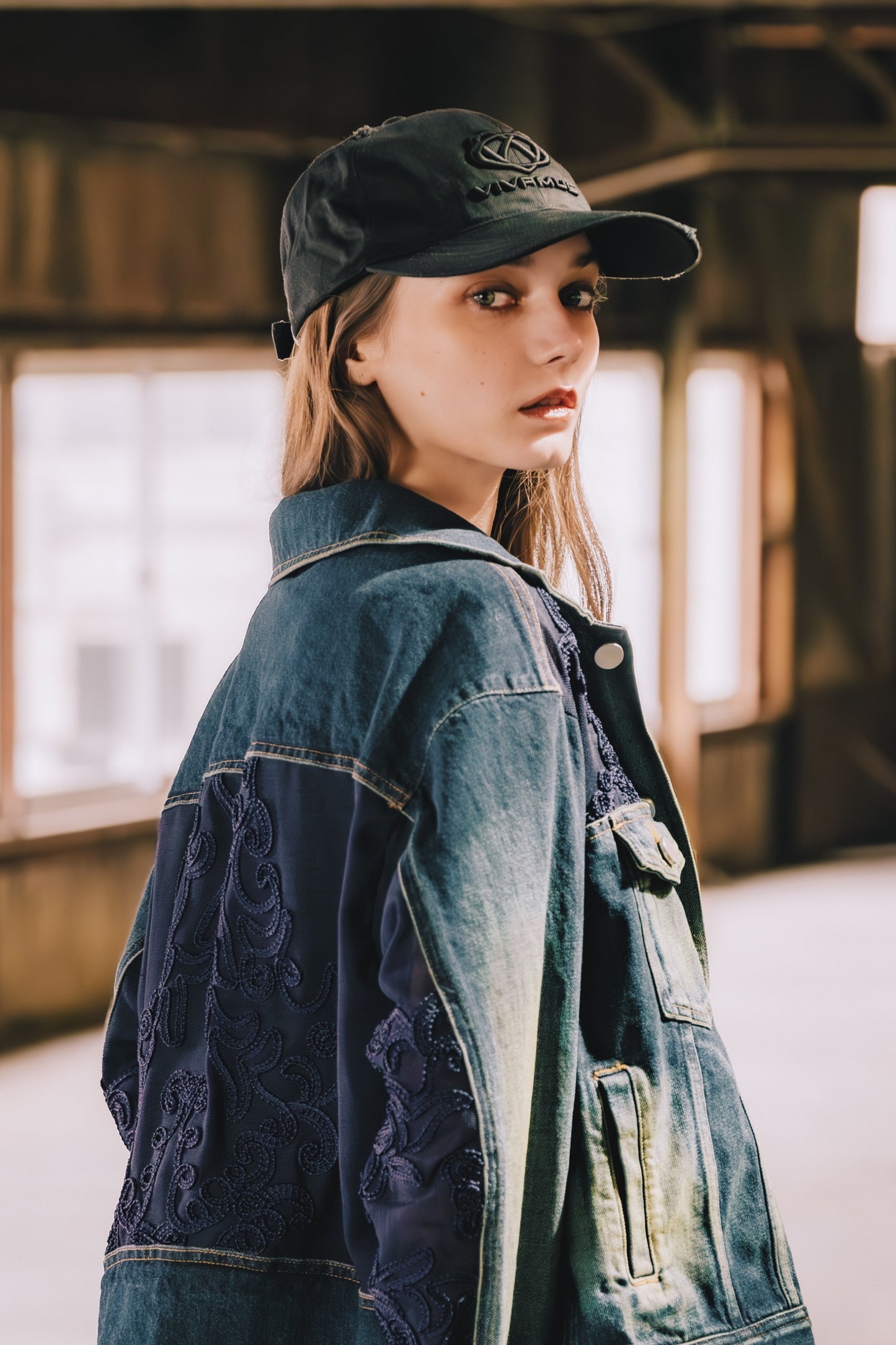 DENIM LACE COMBI BLOUSON / BLU